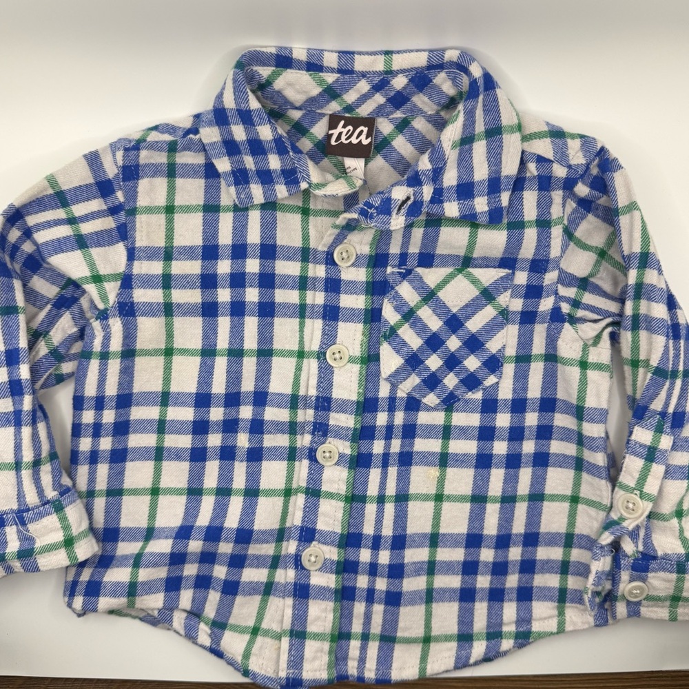 Tea collection blue green plaid flannel button up shirt boys classic retro 6-9mo